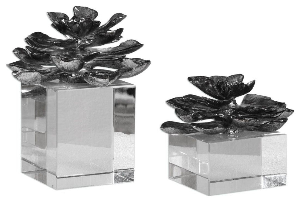 Uttermost Indian Lotus Metallic Silver Flowers Set of 2