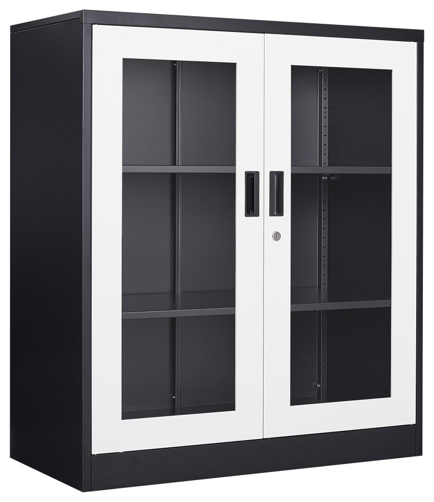 Metal Storage Cabinet, 2 Doors & 2 Shelves, 35.5", Black&white, Acrylic Door