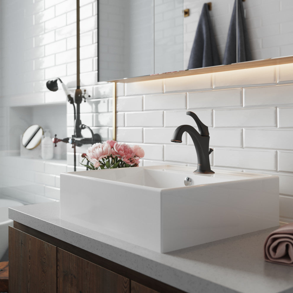 Elavo Square Ceramic Vessel Sink, Bathroom Arlo Faucet, Drain, Matte Black