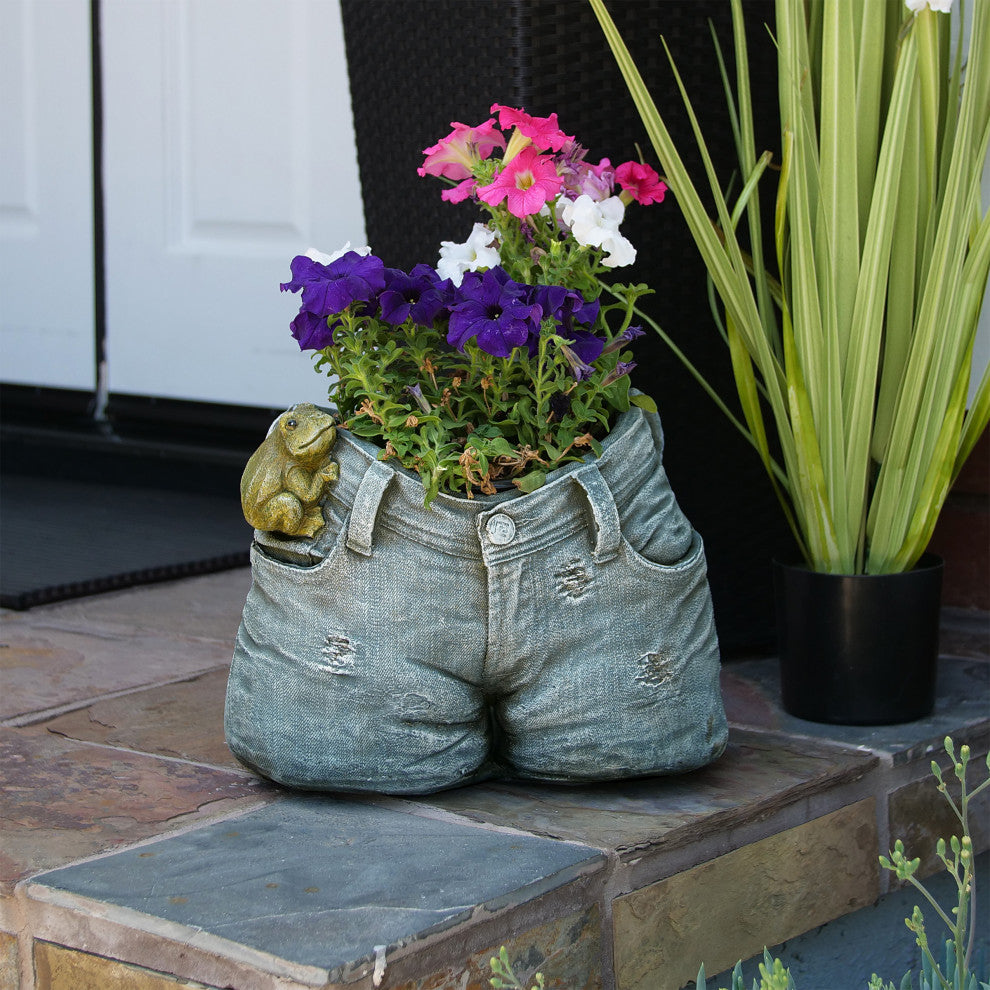 Rugged Denim Shorts Flower Planter with Frog