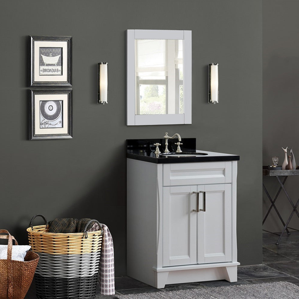 25" Single Sink Vanity, White Finish With Black Galaxy Granite And Oval Sink