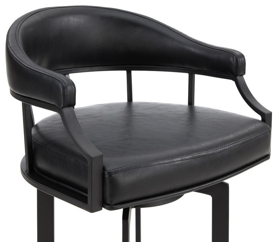 Pharaoh Swivel 26 Black Powder Coated and Black Faux Leather Metal Bar Stool