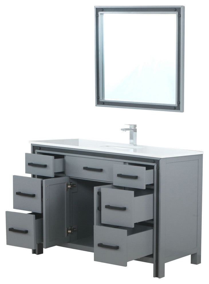 Ziva 48 Dark Grey SG Vanity, Cultured Marble Top, Square Sink, 34 Mirror, Faucet