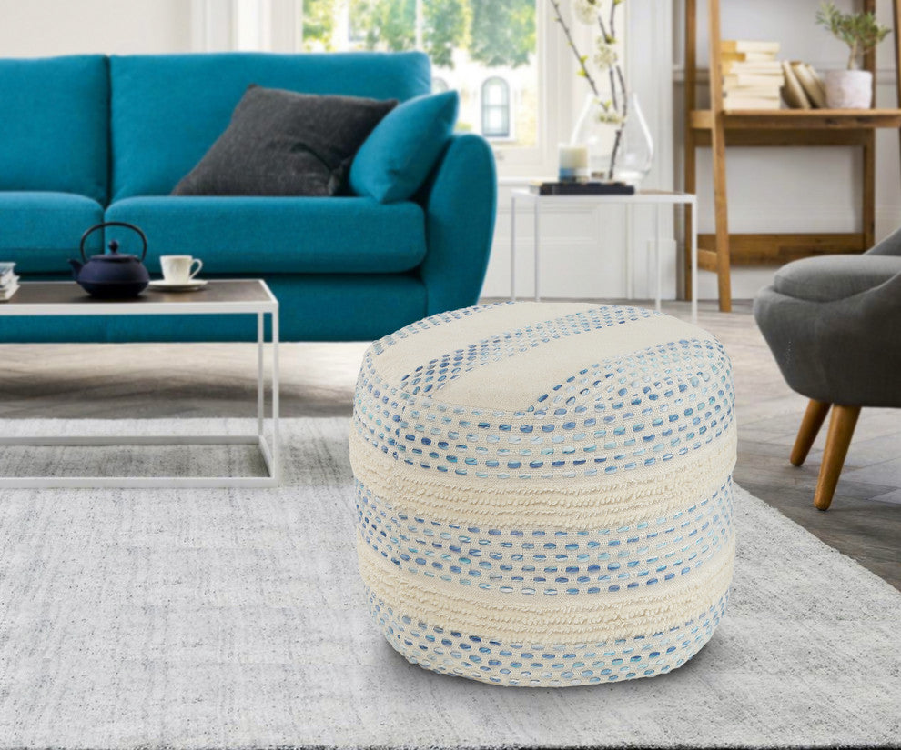 Blue and Cream Tufted Pin Dot Pouf