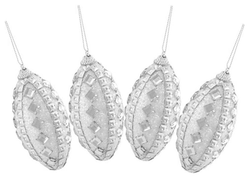 White and Silver Rhinestone and Glitter Christmas Ornaments, Set of 4