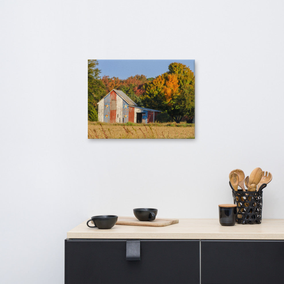 Patriotic Barn in Field Traditional Rural Canvas Wall Art Print, 18" X 24"