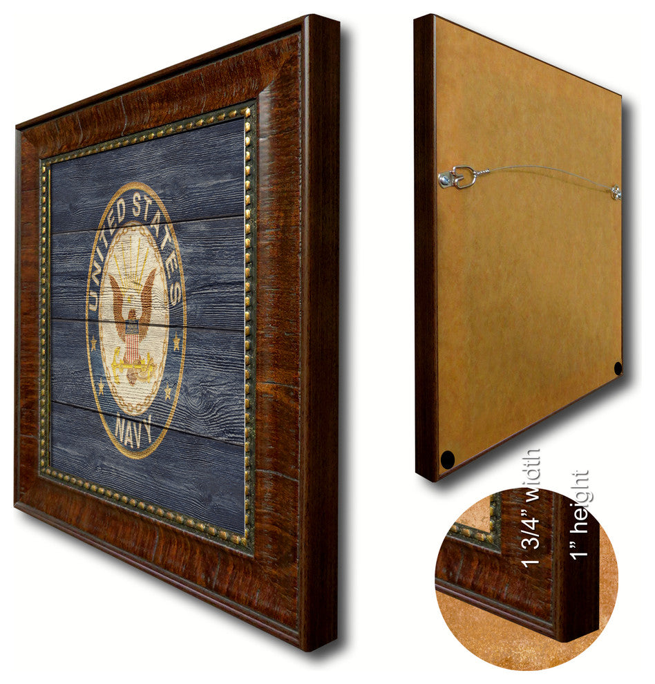 US Navy Military Textured Flag Print With Brown Gold Frame, 15"X21"