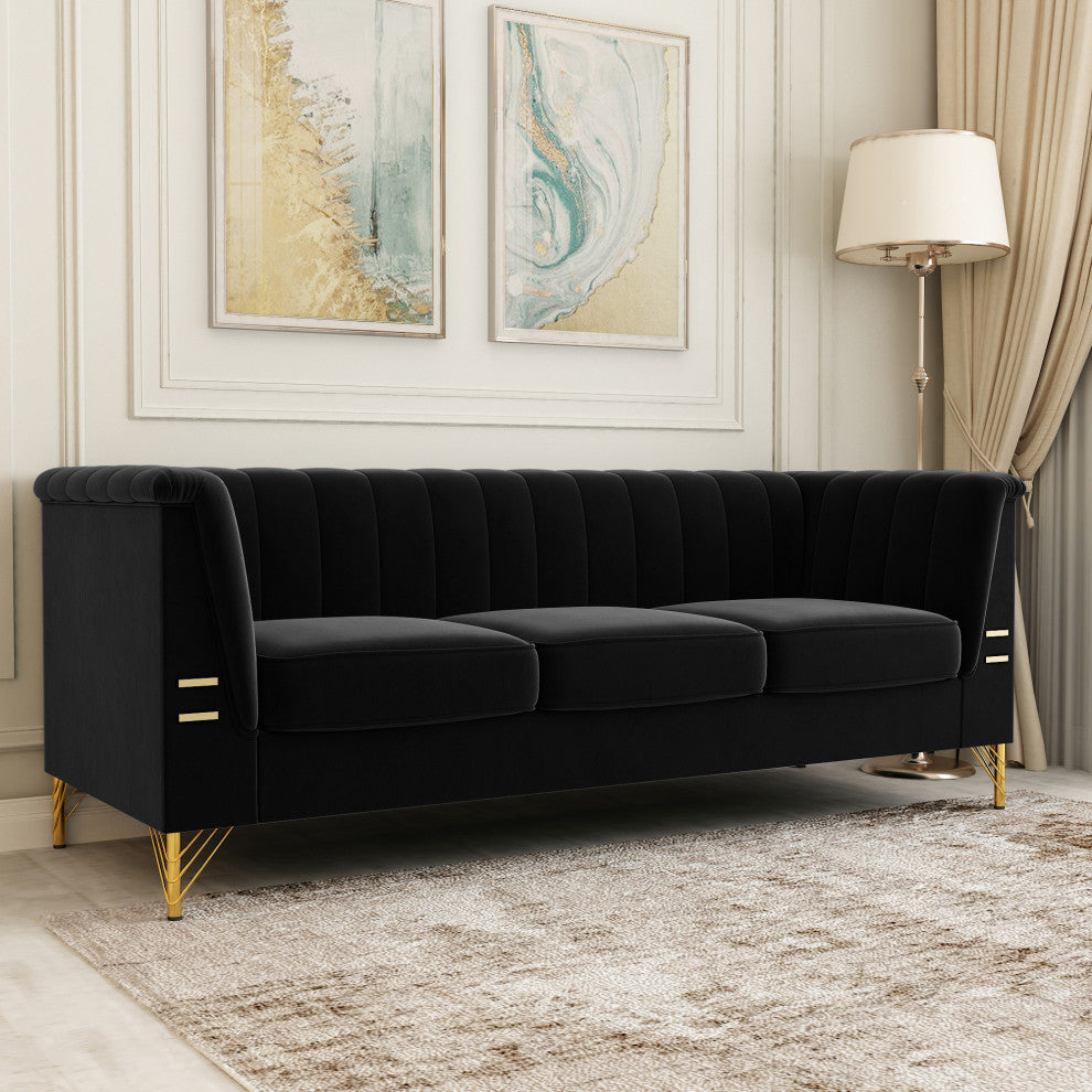 83.4'' Tuxedo Velvet Arm Sofa with Gold Leg, Black