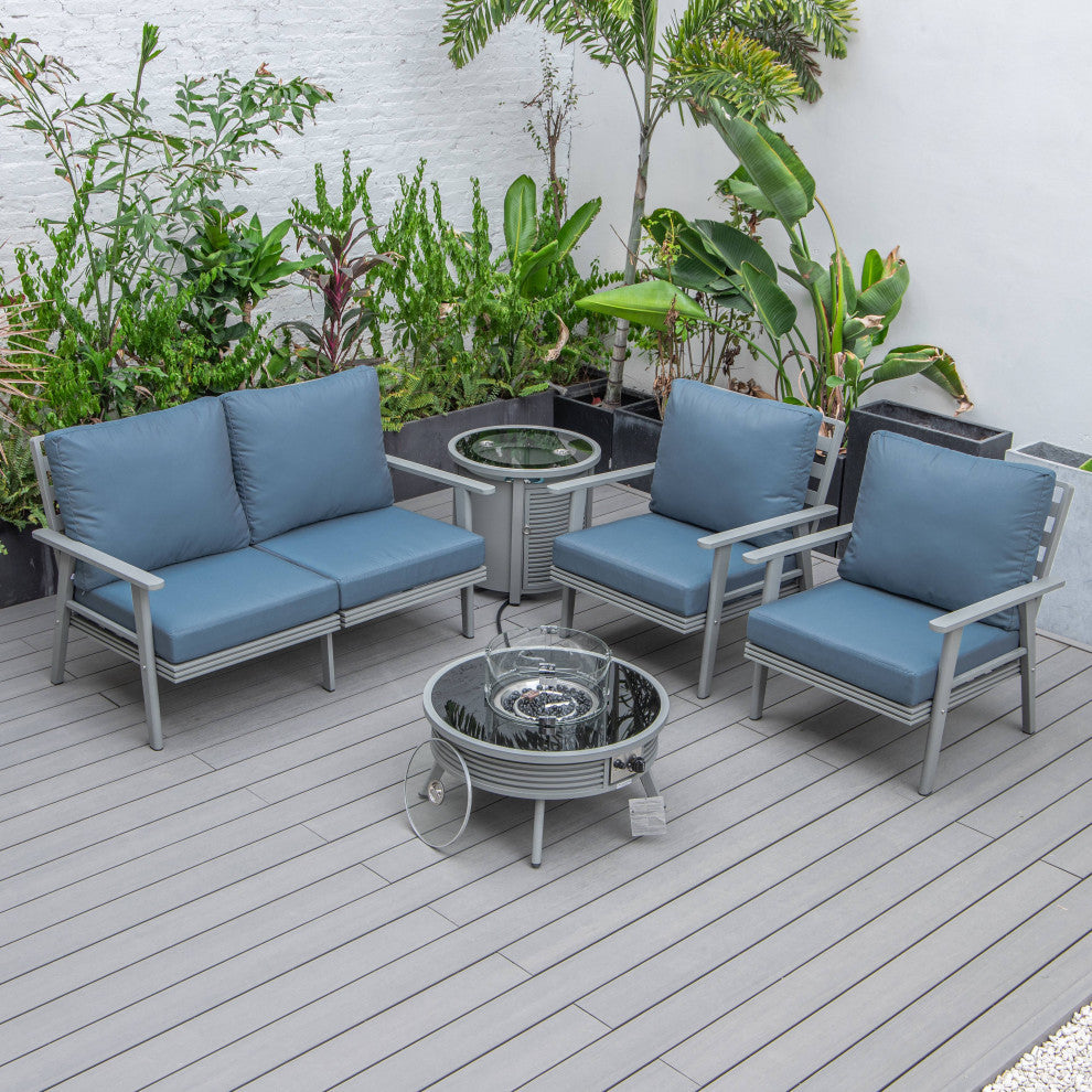 LeisureMod Walbrooke Patio Sofa Set With Round Fire Pit Table, Navy Blue
