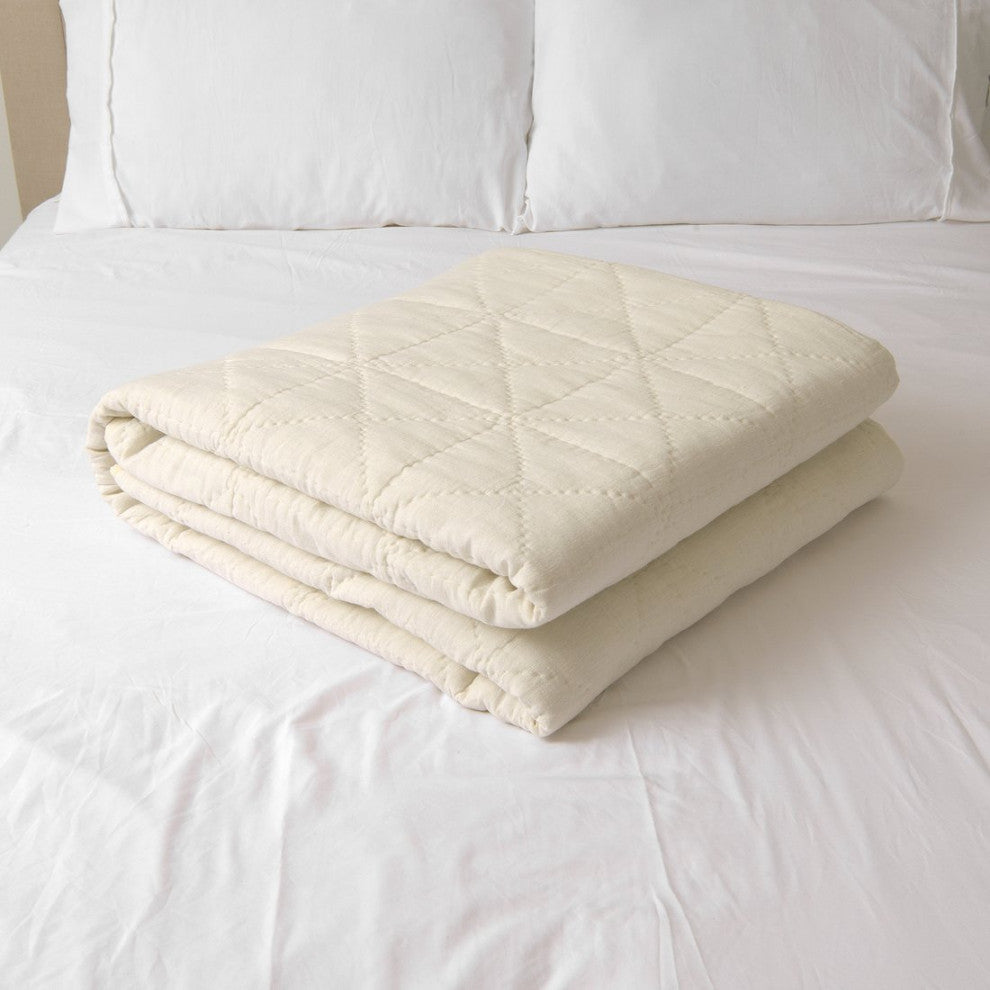 Linen and Cotton Square Quilt, White, Queen