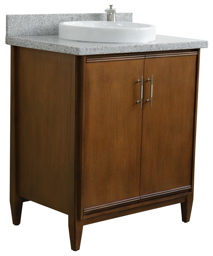 31" Single Sink Vanity, Walnut Finish, Gray Granite With Round Sink