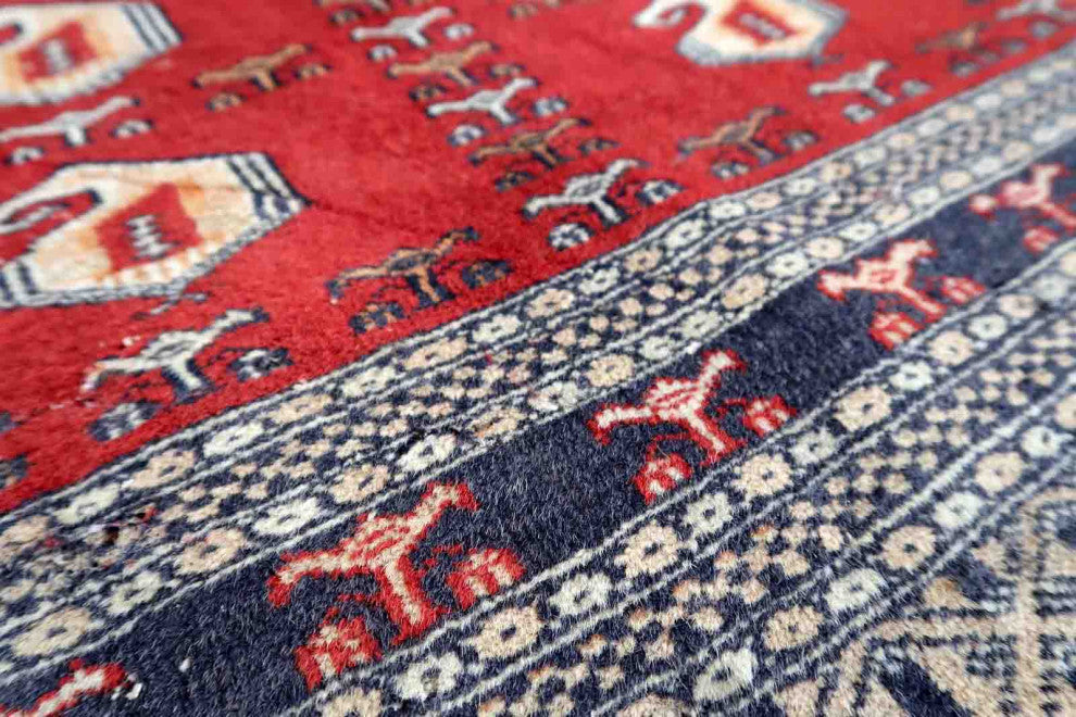 Handmade Vintage Uzbek Bukhara Rug 4.1'x6.4', 126cmx195cm 1960s