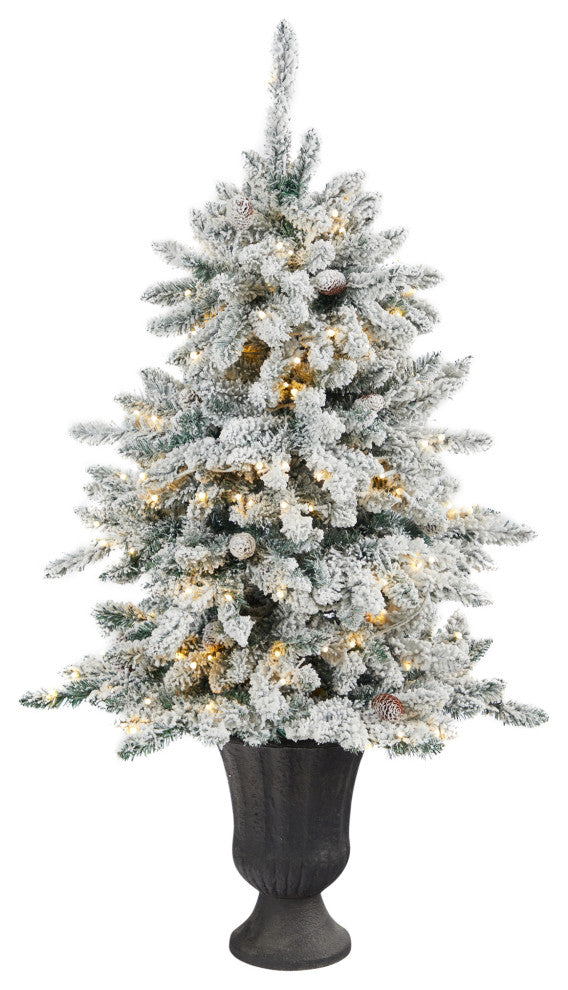 4.5' Flocked Livingston Fir Faux Xmas Tree W/Pinecones & Clear Lights, Urn