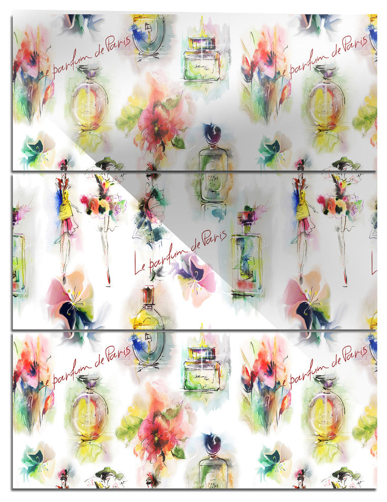 "Perfume Bottles and Flowers" Digital Glossy Metal Wall Art, 3 Panels, 28"x36"