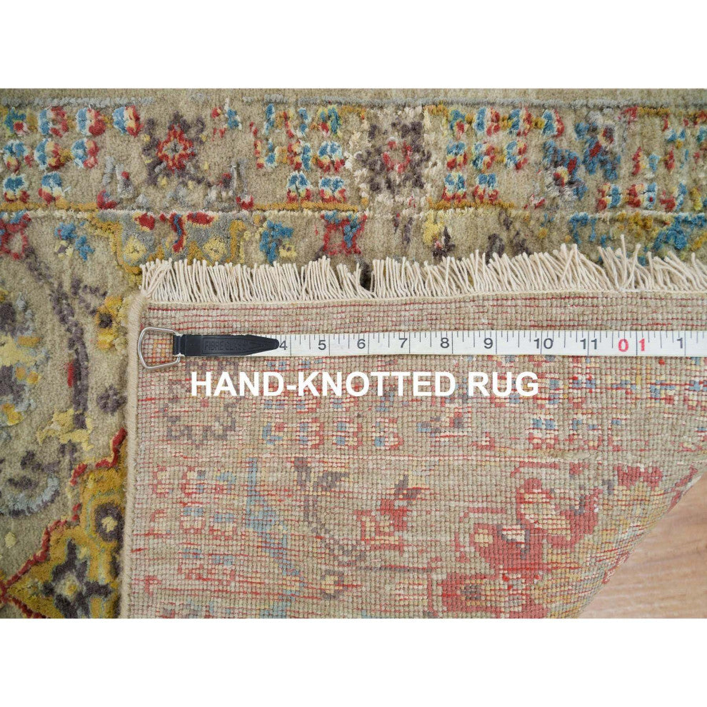 Khaki The Sunset Rosettes Wool and Silk Hand Knotted Mat Oriental Rug 2'x3'