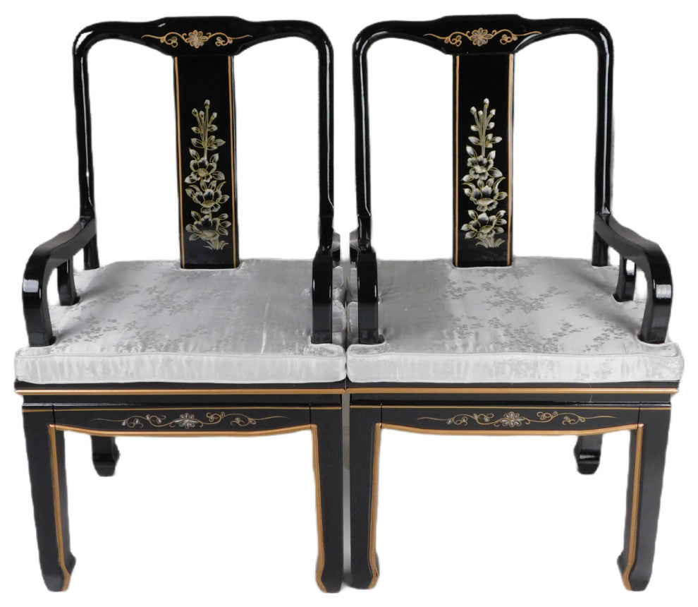Black Lacquered With Mother Of Pearl Oriental Dining Table Set
