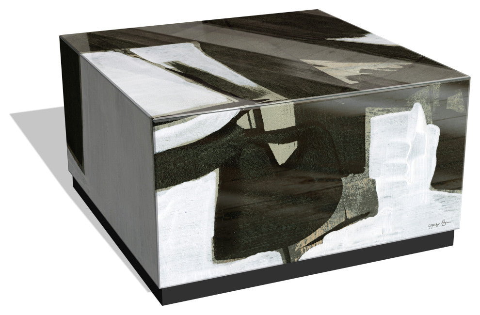 "Ode an Kline III" Reverse Printed Glass Cocktail Table with Black Plinth Base