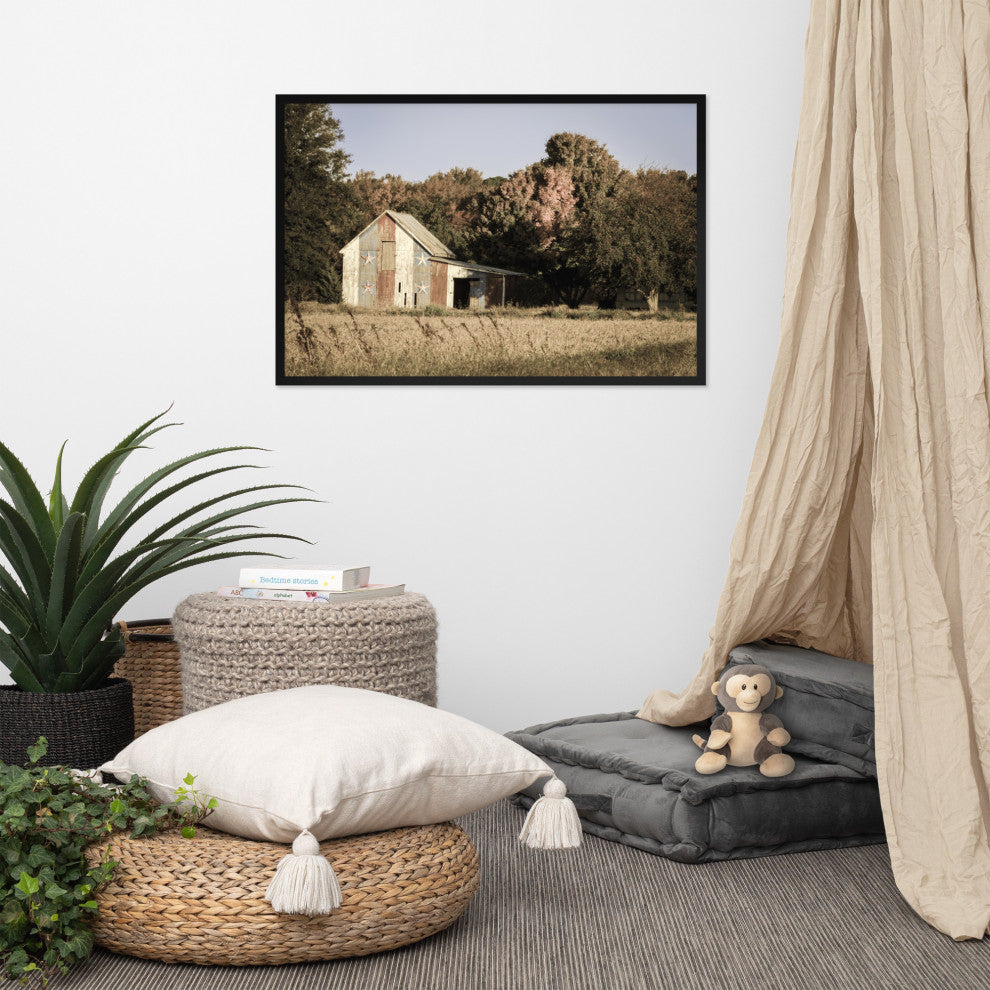 Patriotic Barn in Field Aged Effect Framed Photo Paper Wall Art Prints, Black, 24" X 36"