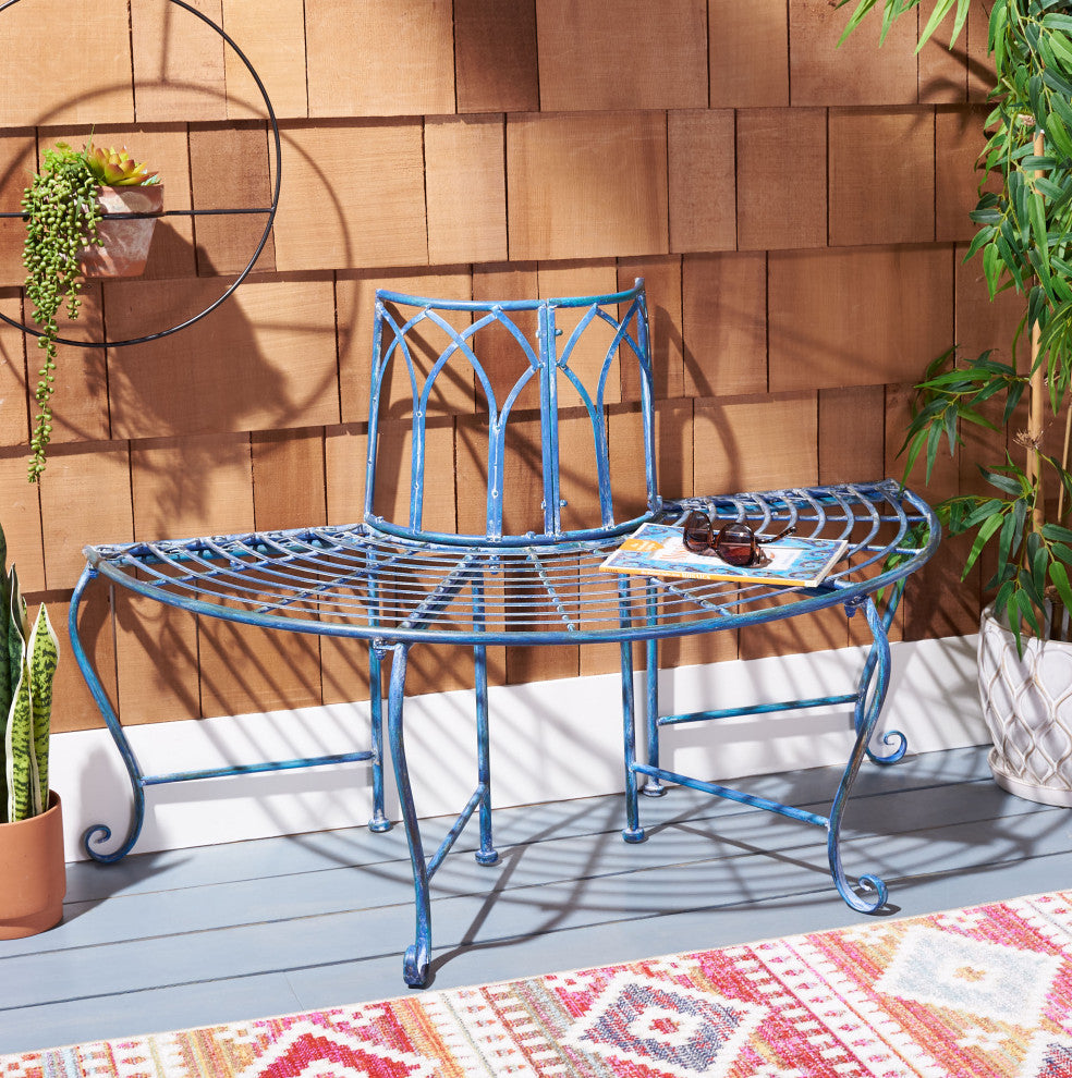 Safavieh Abia Wrought Iron 50"W Outdoor Tree Bench, Antique Blue