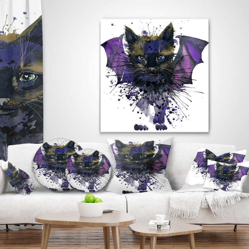 Black Cat With Blue Wings Animal Throw Pillow, 16"x16"