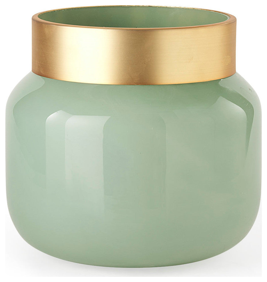 Minty Green Glass With Gold Metal Top Vase, 10"