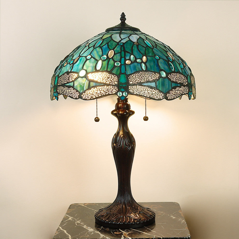 Pomance 16 in. 2-Lights Indoor Green and Antique Bronze Finish Table Lamp