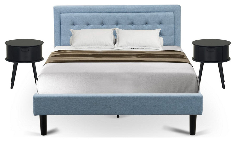 3Pc Platform Bed Set, 1 Bed, 2 Small Nightstands, Denim Blue