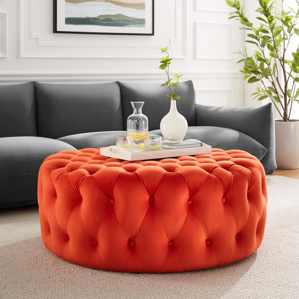 Round Ottoman Accent Tufted Chair, Orange, Velvet, Modern, Lounge Hospitality