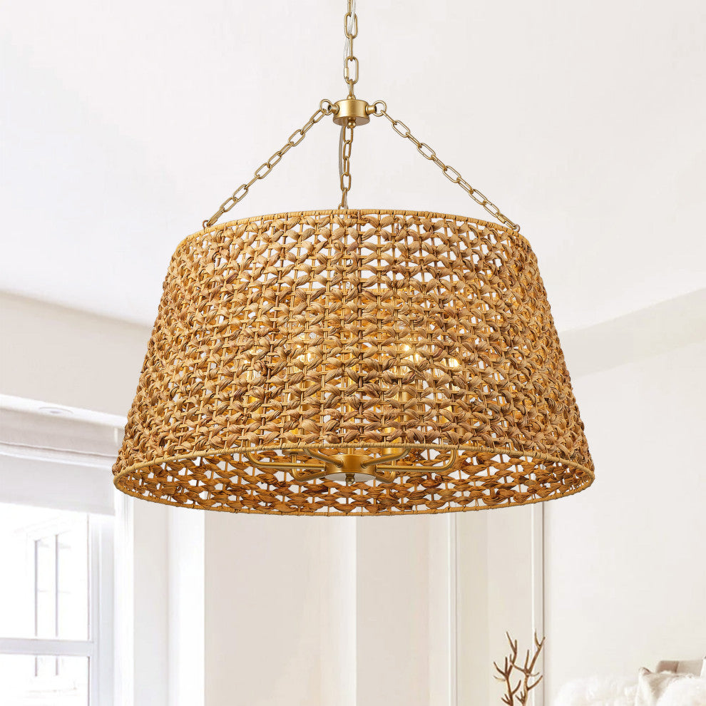 Farmhouse Painted Gold 6-Light Unique Hand Woven Oversize Pendant Light