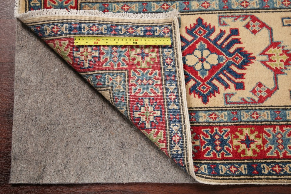 Traditional Kazak Oriental Hand-Knotted Pakistani Runner Rug, Beige, 6'5"X2'1"