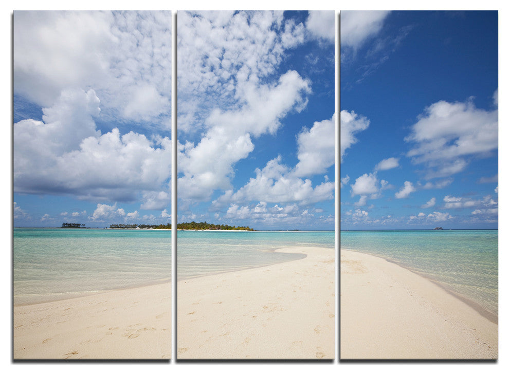 Serene Maldives Beach under Clouds - Seascape Metal Art - 36x28 - 3 Panels