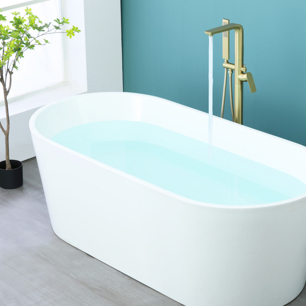 Wellfor Freestanding Faucet, Swivel Spout and Handheld Shower, 2 Handles, Brushed Gold