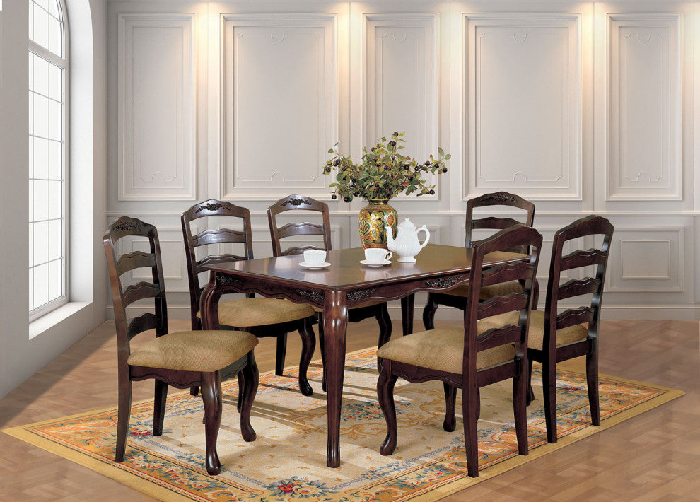 Wooden Dining Table With Floral Accents, Dark Walnut