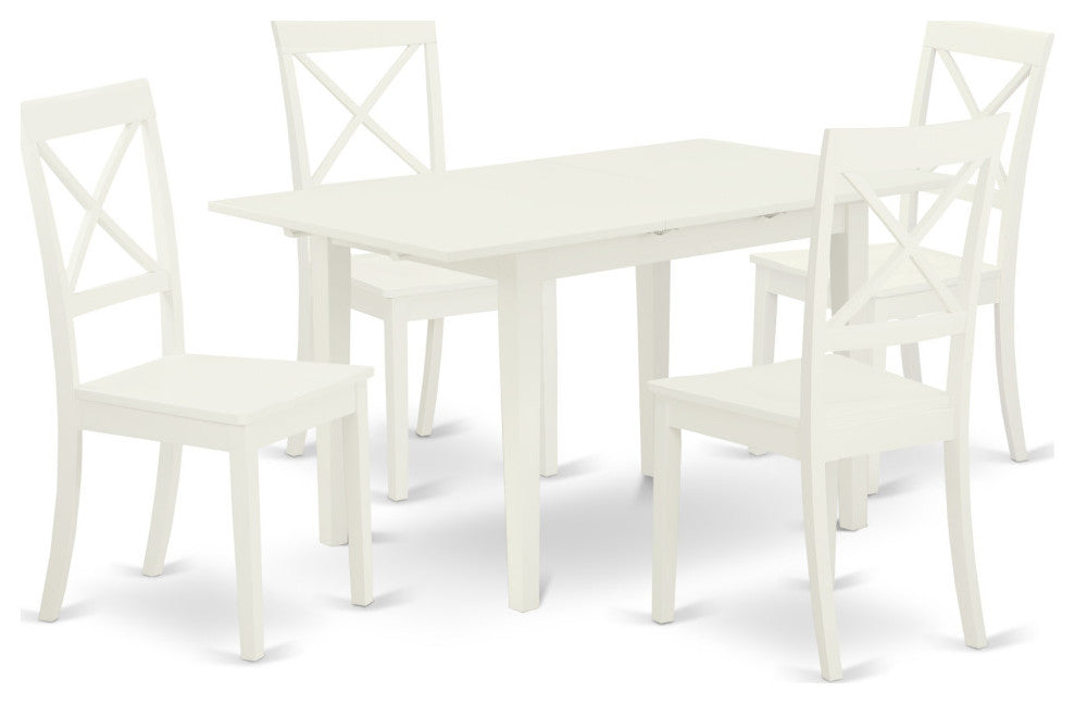 5Pc Dining Set 4 Wood Chairs, Butterfly Leaf Seat, Wood Table, Linen White