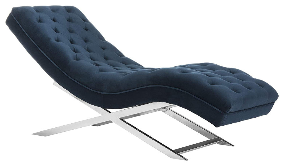 Navy Velvet and Chrome Chaise with Headrest Pillow