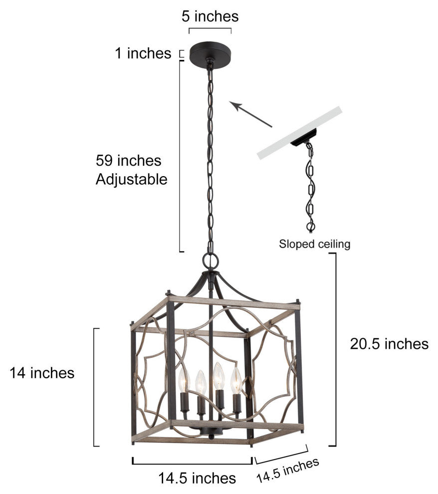 LNC Farmhouse 4-Light Sqaure Black Chandelier With Wood Accent