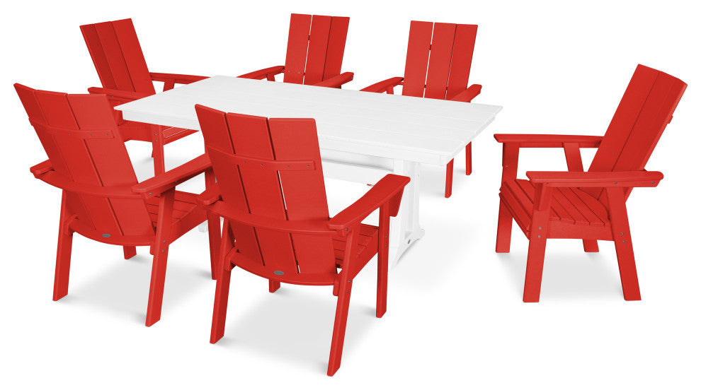 POLYWOOD Modern Adirondack 7-Piece Farmhouse Dining Set, Sunset Red / White