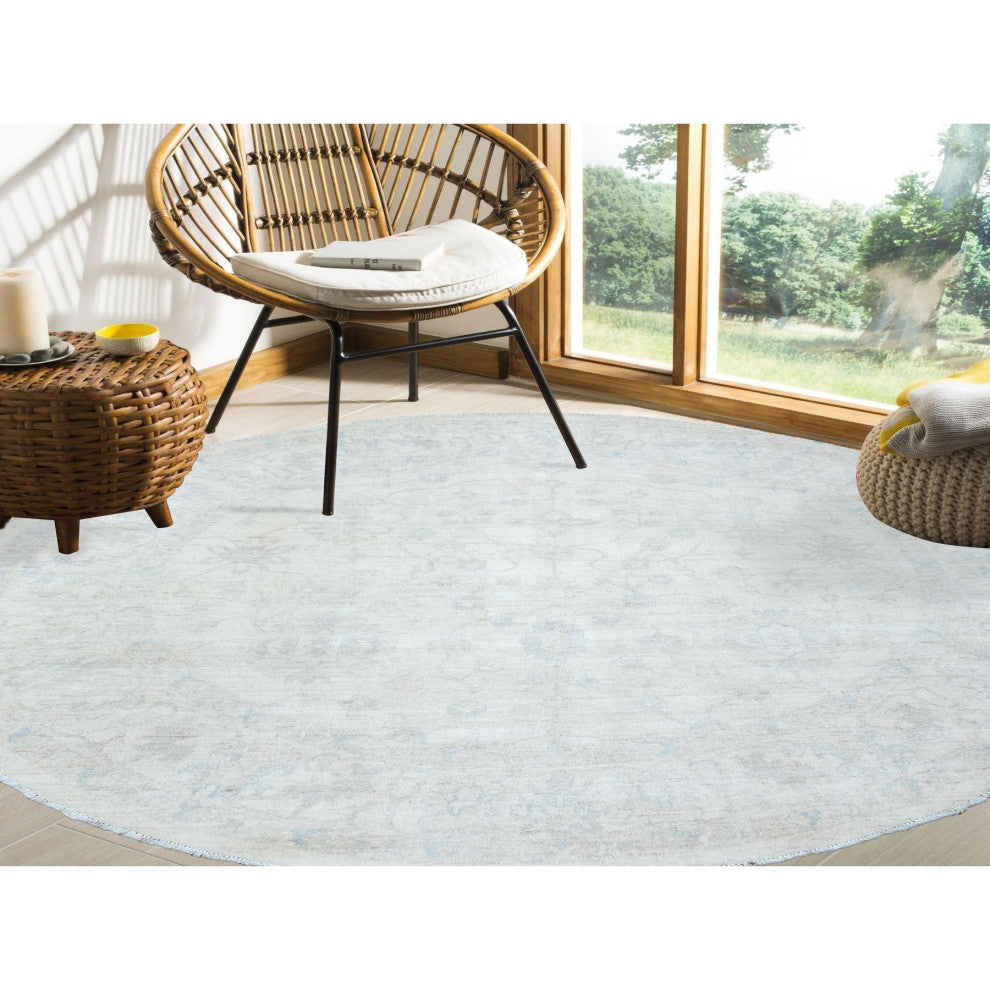 Ivory, White Wash Peshawar, Soft Wool Hand Knotted Round Rug, 7'10"x7'8"