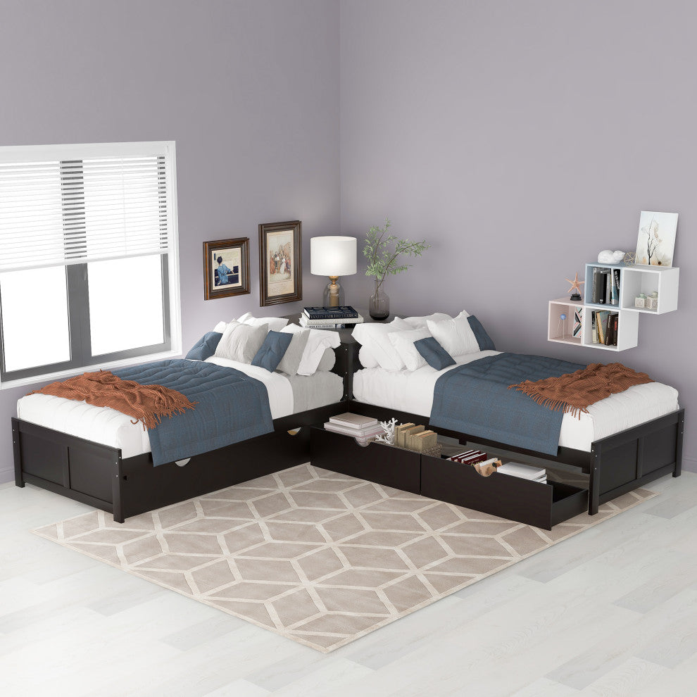 Twin Wood Frame Platform Bed with Trundle and Drawers Linked with built-in Desk,