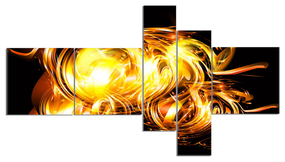 Abstract Fractal Fire on Black, Abstract Canvas Wall Art, 60"x32", 5 panels