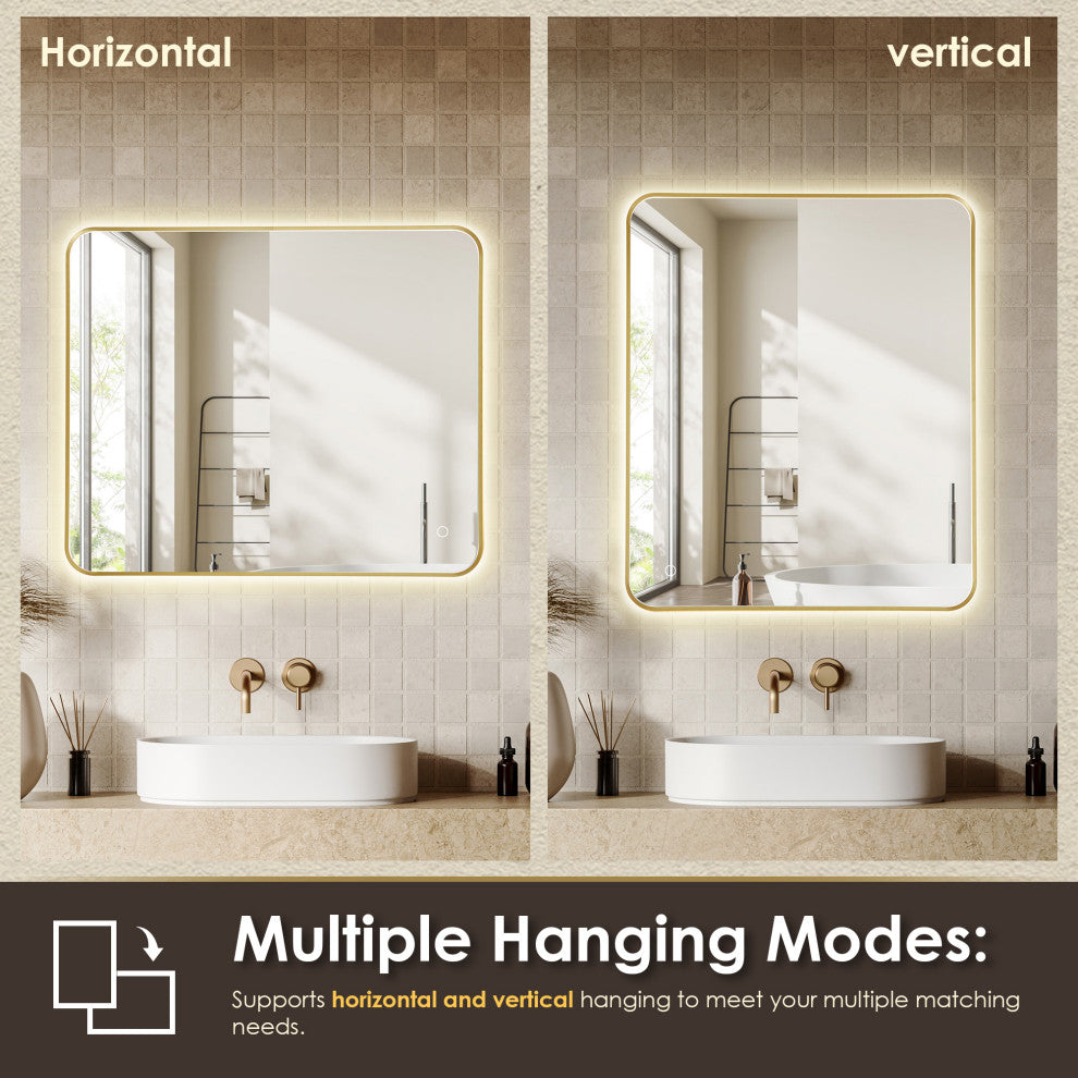 Dazzle Rectangular Bathroom/Vanity LED Lighted Wall Mirror, Brushed Gold, 36"