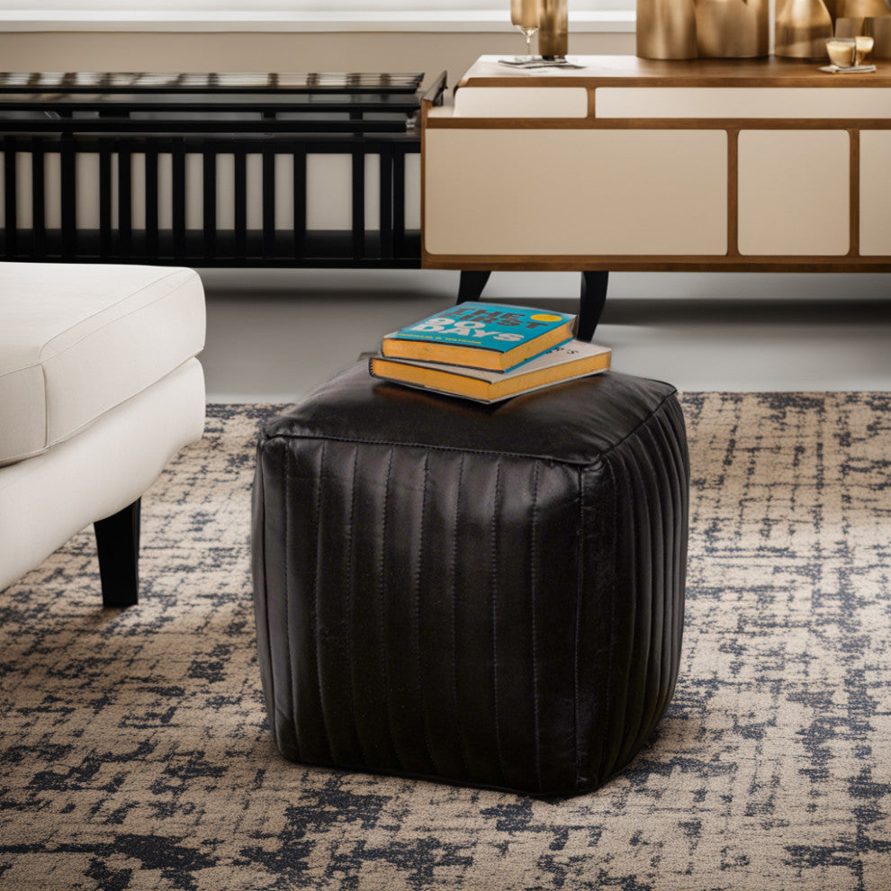 Poufs-Solid Handmade Goat Leather Pouf, Recycled Cotton Fill, Black, 14x14x14
