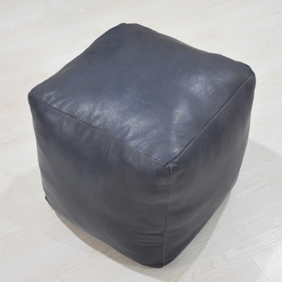 Poufs-Solid Goat Leather Pouf, Handmade (Recycled Cotton Fill), [Square) 14x14x14