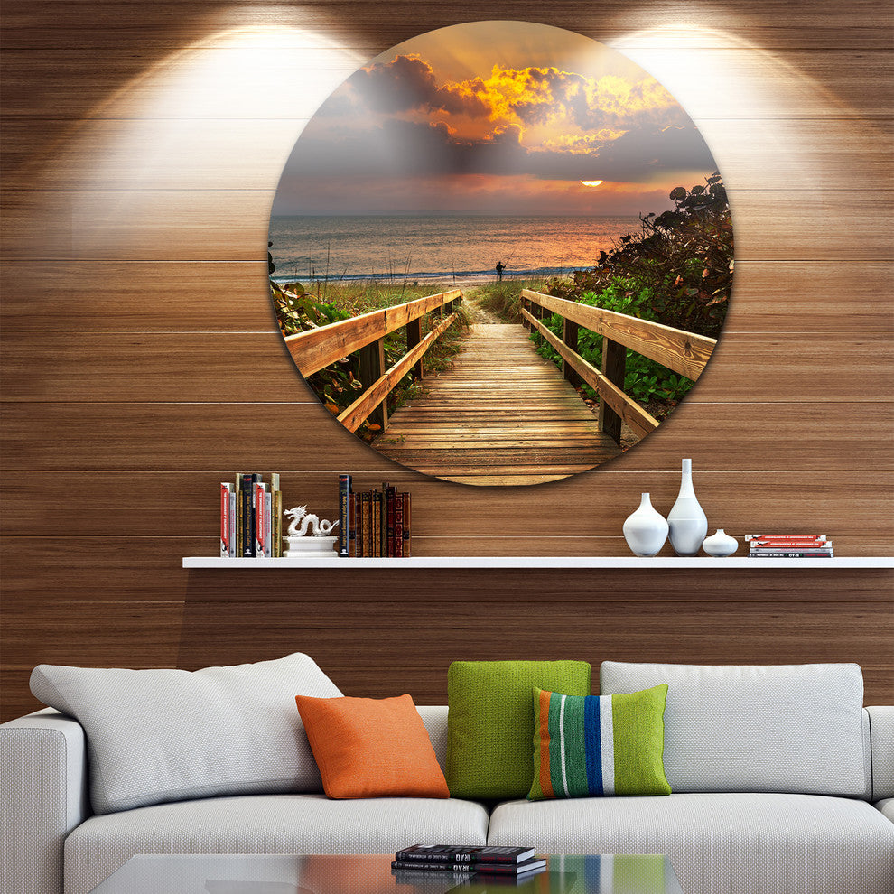 Long Wooden Stairs Into The Sea, Sea Bridge Disc Metal Artwork, 36"