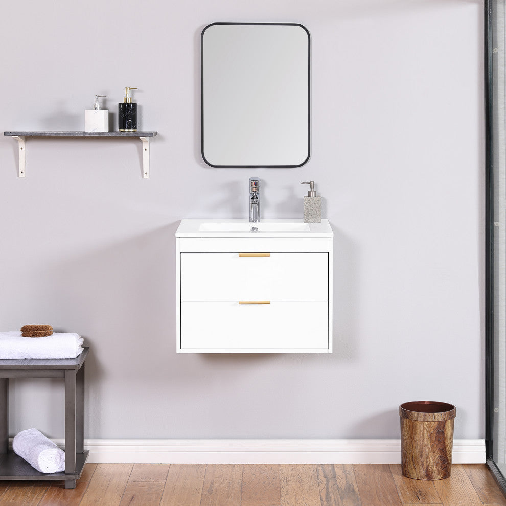 24" MDF Wall Mounted Bath Vanity, Integrated Ceramic Sink, White