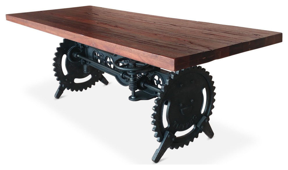 Steampunk Adjustable Dining Table - Iron Crank Base - Rustic Mahogany