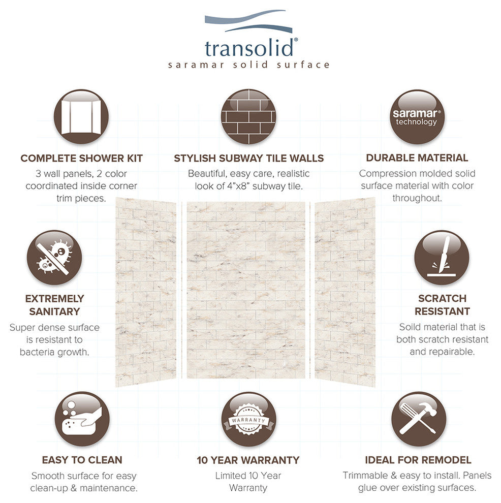 Transolid SaraMar 36"x48"x72" 3-Piece Shower Wall Kit, Biscotti Marble