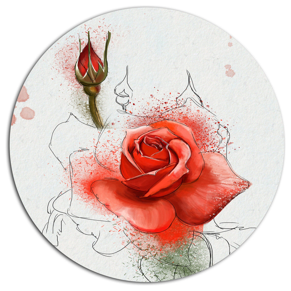 Red Watercolor Rose Sketch, Floral Large Disc Metal Wall Art, 11"