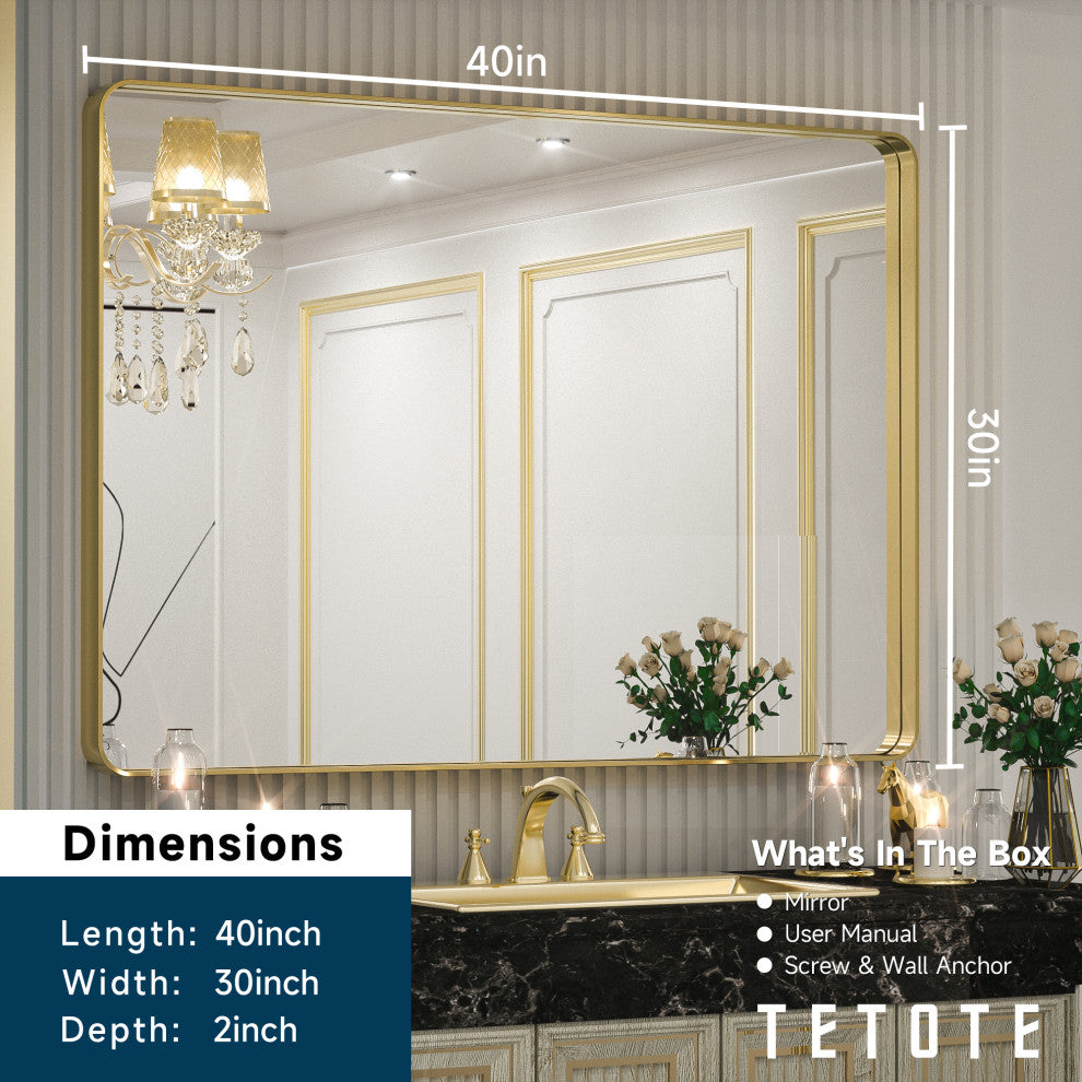 Metal Frame Decorative Rectangular Wall Mount Mirror, Gold, 40" x 30"