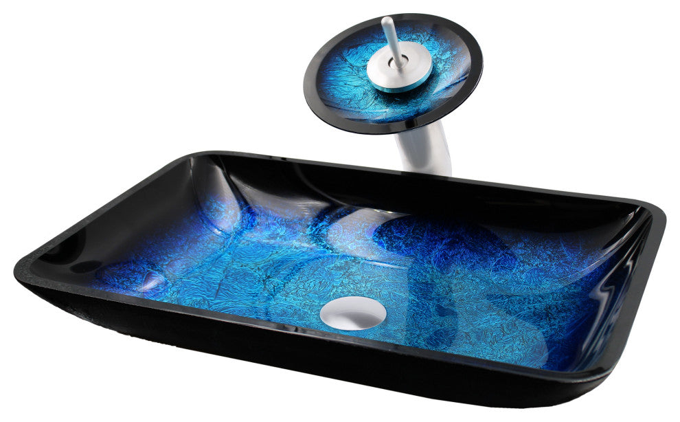 The Fresca Rectangle Shallow Blue Foiled Glass Bath Sink Combo Faucet Drain, Brushed Nickel